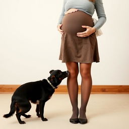 A young woman with a joyful smile, who is visibly pregnant, is wearing stylish stockings and a skirt