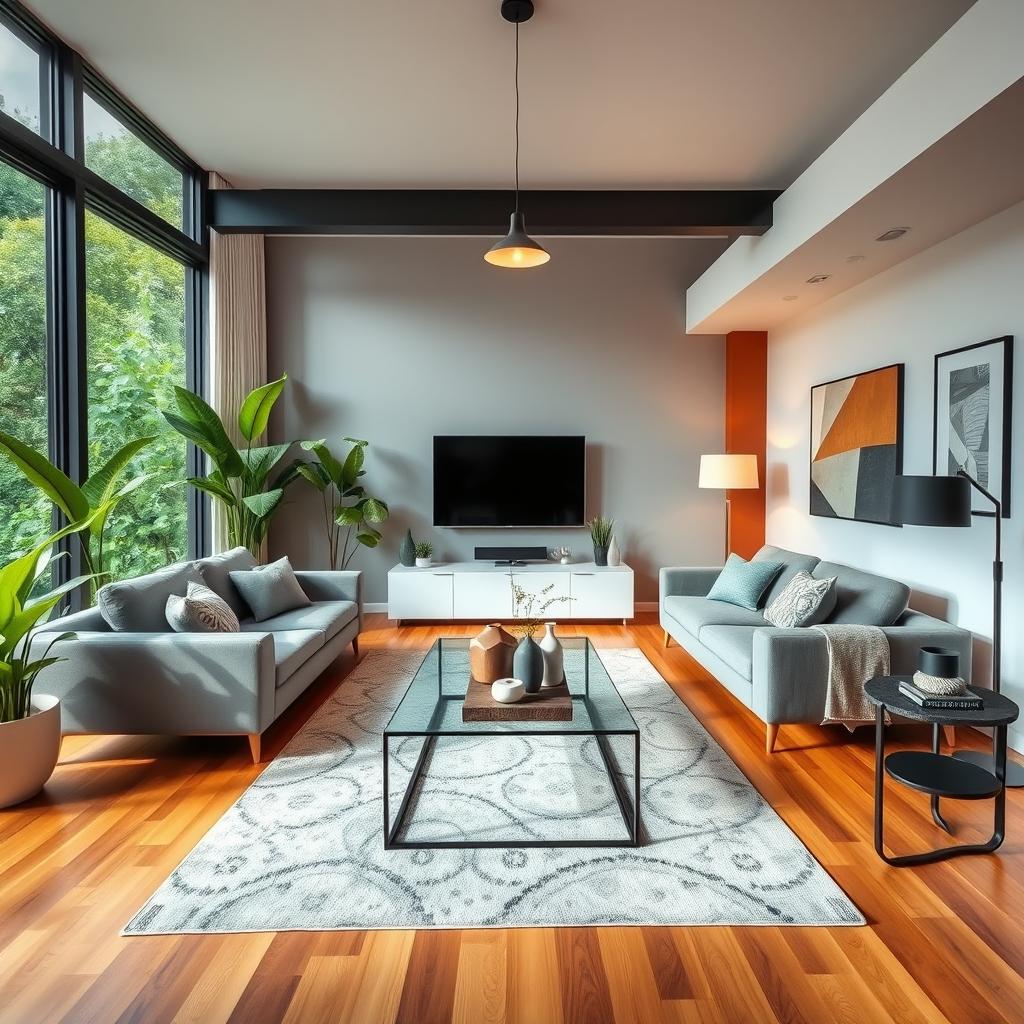 A modern and stylish living room redesign featuring an open-concept layout, incorporating sleek furniture and contemporary decor