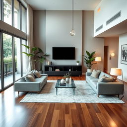 A modern and stylish living room redesign featuring an open-concept layout, incorporating sleek furniture and contemporary decor