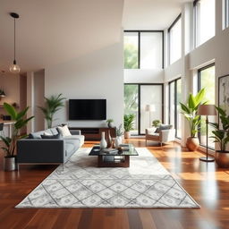 A modern and stylish living room redesign featuring an open-concept layout, incorporating sleek furniture and contemporary decor