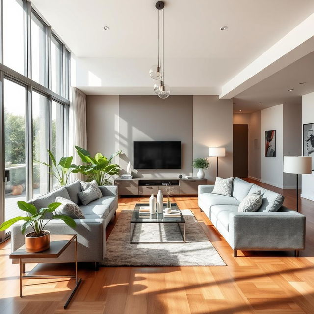 A modern and stylish living room redesign featuring an open-concept layout, incorporating sleek furniture and contemporary decor