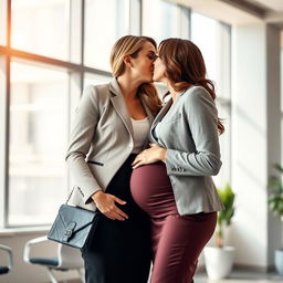 A beautiful scene capturing the intimate moment of a businesswoman in a professional office setting