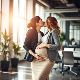 A beautiful scene capturing the intimate moment of a businesswoman in a professional office setting