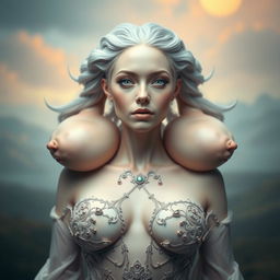 A surreal and fantastical portrait of a woman with four symmetrical breasts, embracing an ethereal and otherworldly beauty