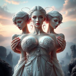 A surreal and fantastical portrait of a woman with four symmetrical breasts, embracing an ethereal and otherworldly beauty