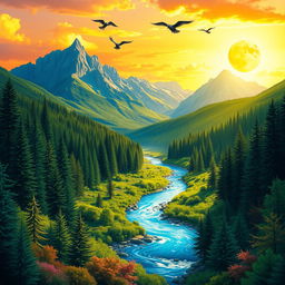 A vibrant and colorful depiction of a serene natural landscape, featuring lush green forests, a sparkling blue river winding through the valley, and majestic mountains towering in the background