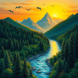 A vibrant and colorful depiction of a serene natural landscape, featuring lush green forests, a sparkling blue river winding through the valley, and majestic mountains towering in the background