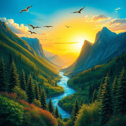 A vibrant and colorful depiction of a serene natural landscape, featuring lush green forests, a sparkling blue river winding through the valley, and majestic mountains towering in the background