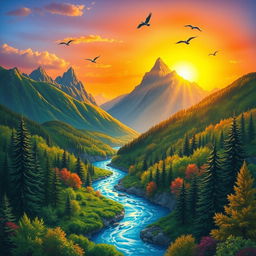 A vibrant and colorful depiction of a serene natural landscape, featuring lush green forests, a sparkling blue river winding through the valley, and majestic mountains towering in the background