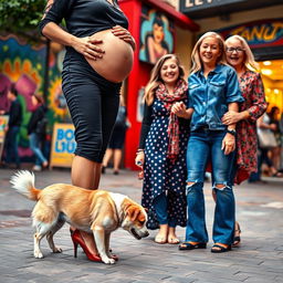 A vibrant and cheerful scene featuring a pregnant woman wearing stylish heels, standing comfortably as a cute dog affectionately sniffs at her feet