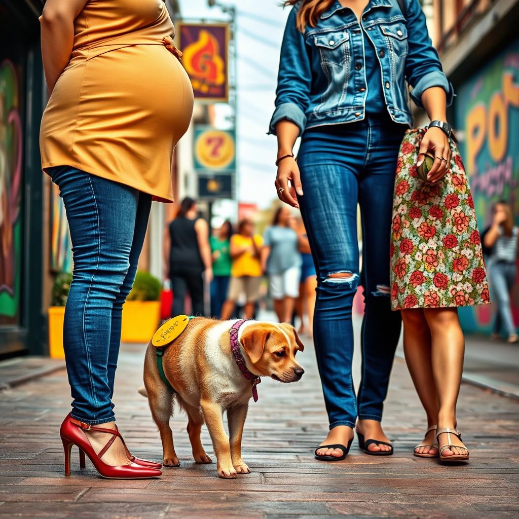 A vibrant and cheerful scene featuring a pregnant woman wearing stylish heels, standing comfortably as a cute dog affectionately sniffs at her feet