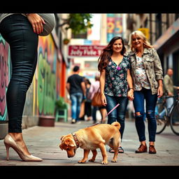 A vibrant and cheerful scene featuring a pregnant woman wearing stylish heels, standing comfortably as a cute dog affectionately sniffs at her feet