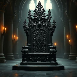 a majestic black throne made of intricately carved obsidian, adorned with shimmering onyx gemstones, set against a backdrop of an ancient, dimly lit castle hall