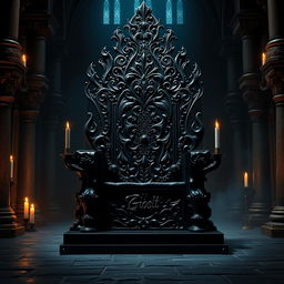 a majestic black throne made of intricately carved obsidian, adorned with shimmering onyx gemstones, set against a backdrop of an ancient, dimly lit castle hall