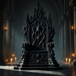 a majestic black throne made of intricately carved obsidian, adorned with shimmering onyx gemstones, set against a backdrop of an ancient, dimly lit castle hall