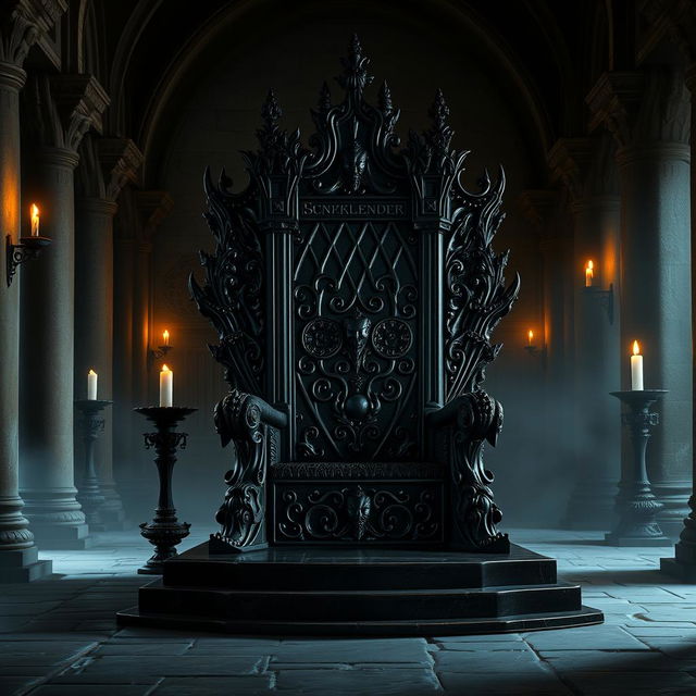 a majestic black throne made of intricately carved obsidian, adorned with shimmering onyx gemstones, set against a backdrop of an ancient, dimly lit castle hall