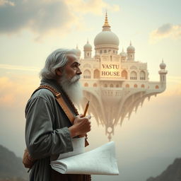 A mysterious image in light colors featuring a young European sage with a small beard and white hair, standing contemplatively against the backdrop of a fantastic palace