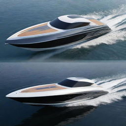 A luxurious and modern speed boat design incorporating the sleek lines, sophisticated aesthetics, and iconic logo of an Infiniti sports car