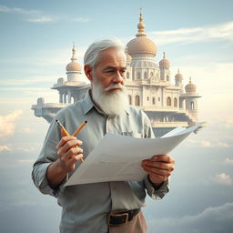 A mysterious look in light colors featuring a 40-year-old European sage with a small beard and white hair, standing contemplatively