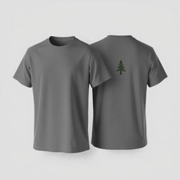 A plain grey t-shirt with a pine tree logo, showcasing both the front and back, against a neutral background