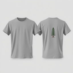 A plain grey t-shirt with a pine tree logo, showcasing both the front and back, against a neutral background