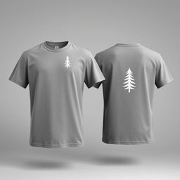 A plain grey t-shirt with a pine tree logo, showcasing both the front and back, against a neutral background