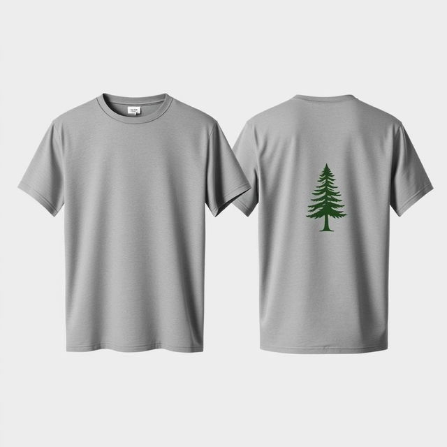 A plain grey t-shirt with a pine tree logo, showcasing both the front and back, against a neutral background