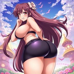 A voluptuous anime girl with exaggerated curves, including large breasts and a curvy backside, depicted in a playful and seductive manner