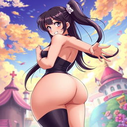 A voluptuous anime girl with exaggerated curves, including large breasts and a curvy backside, depicted in a playful and seductive manner