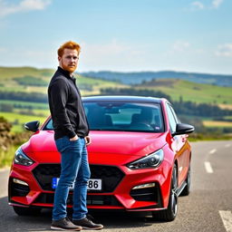 A stunning red Hyundai i30 Fastback N parked on a scenic road