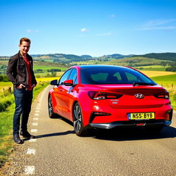 A stunning red Hyundai i30 Fastback N parked on a scenic road