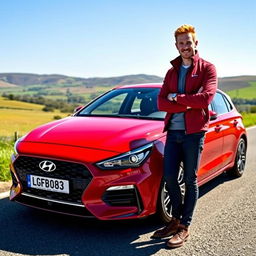 A stunning red Hyundai i30 Fastback N parked on a scenic road