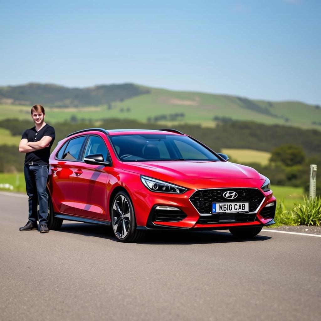 A stunning red Hyundai i30 Fastback N parked on a scenic road