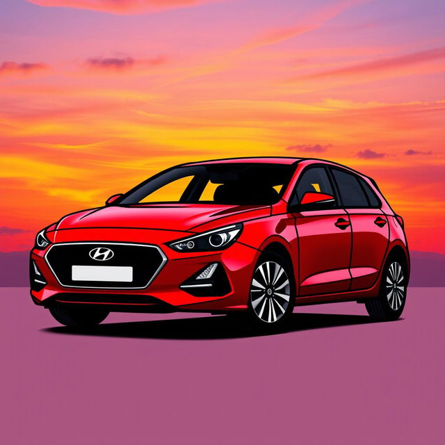 An artistic drawing of a red Hyundai i30N with an aesthetic touch