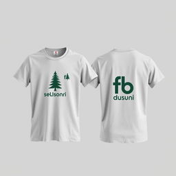 A plain grey t-shirt with a pine tree logo and the text 'fb dusun semilir', showcasing both the front and back, against a neutral background