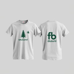 A plain grey t-shirt with a pine tree logo and the text 'fb dusun semilir', showcasing both the front and back, against a neutral background