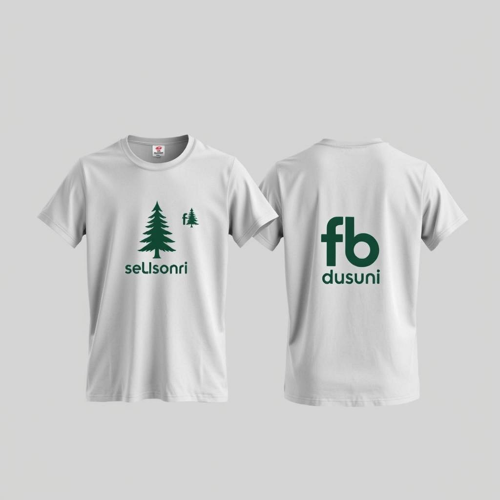 A plain grey t-shirt with a pine tree logo and the text 'fb dusun semilir', showcasing both the front and back, against a neutral background