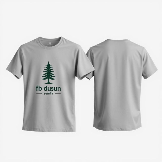 A plain grey t-shirt with a pine tree logo and the text 'fb dusun semilir', showcasing both the front and back, against a neutral background