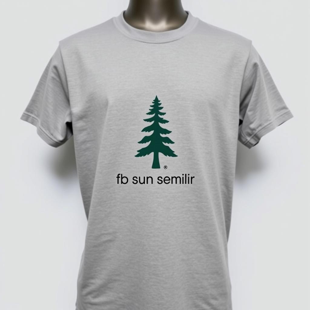 A plain grey t-shirt with a pine tree logo and the text 'fb dusun semilir' on the front, displayed against a neutral background