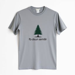 A plain grey t-shirt with a pine tree logo and the text 'fb dusun semilir' on the front, displayed against a neutral background