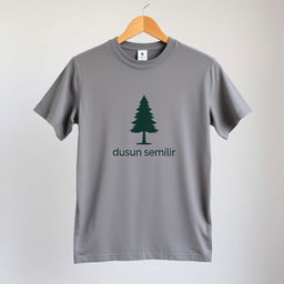 A plain grey t-shirt with a pine tree logo and the text 'fb dusun semilir' on the front, displayed against a neutral background