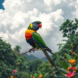 A colorful bird with vivid rainbow plumage, perched on a delicate branch amidst a lush green jungle