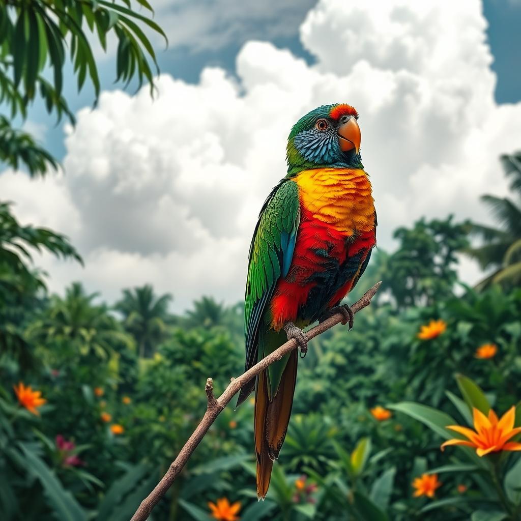 A colorful bird with vivid rainbow plumage, perched on a delicate branch amidst a lush green jungle