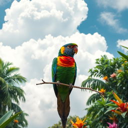 A colorful bird with vivid rainbow plumage, perched on a delicate branch amidst a lush green jungle