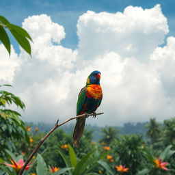 A colorful bird with vivid rainbow plumage, perched on a delicate branch amidst a lush green jungle