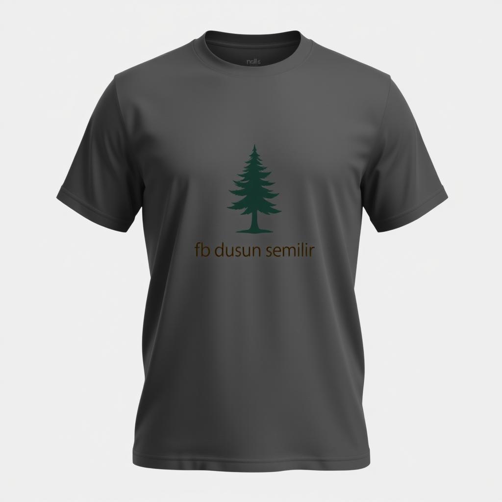 A plain grey t-shirt featuring a pine tree logo on the chest and the text 'fb dusun semilir' on the front, elegantly displayed against a neutral background