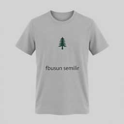 A plain grey t-shirt featuring a pine tree logo on the chest and the text 'fb dusun semilir' on the front, elegantly displayed against a neutral background