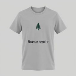 A plain grey t-shirt featuring a pine tree logo on the chest and the text 'fb dusun semilir' on the front, elegantly displayed against a neutral background