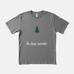 A plain grey t-shirt featuring a pine tree logo on the chest and the text 'fb dusun semilir' on the front, elegantly displayed against a neutral background