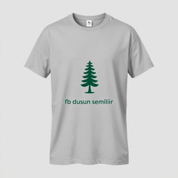 A plain grey t-shirt featuring a pine tree logo on the chest and the text 'fb dusun semilir' on the front, elegantly displayed against a neutral background